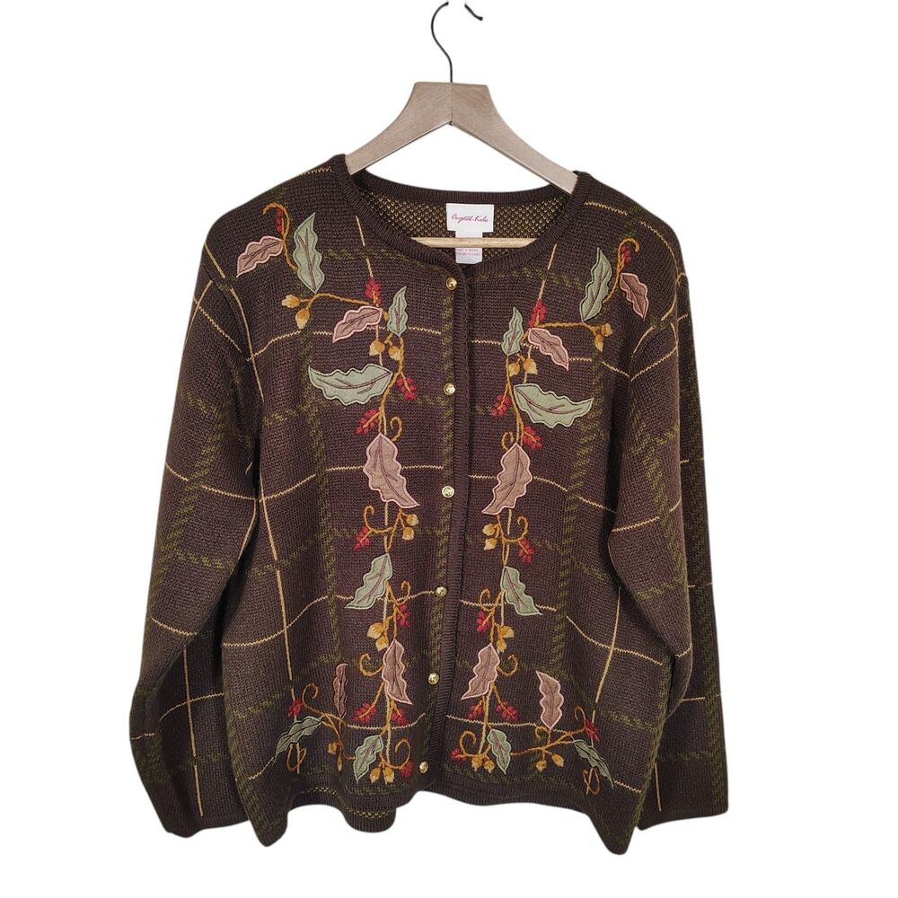 Crystal Kobe Cardigan Womens L Vintage Boho Cottagecore Leaf Embroidered Nature